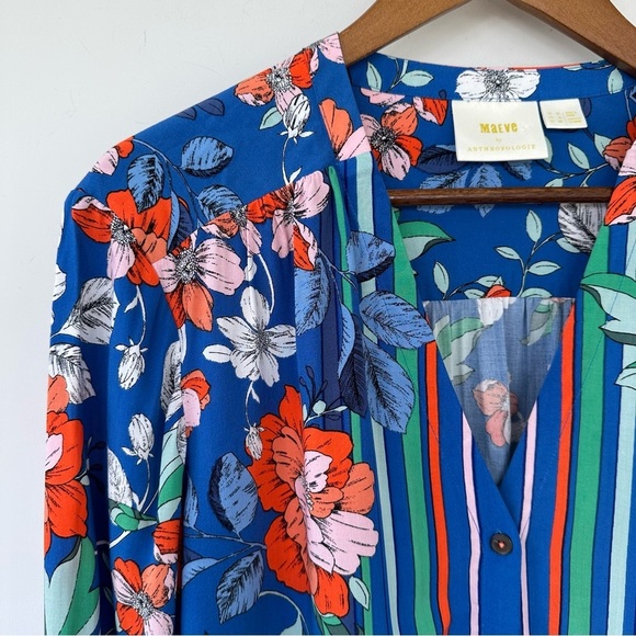 Maeve button  down shirt with v-neck, long sleeves & tie at waist, floral print - Picture 2 of 13